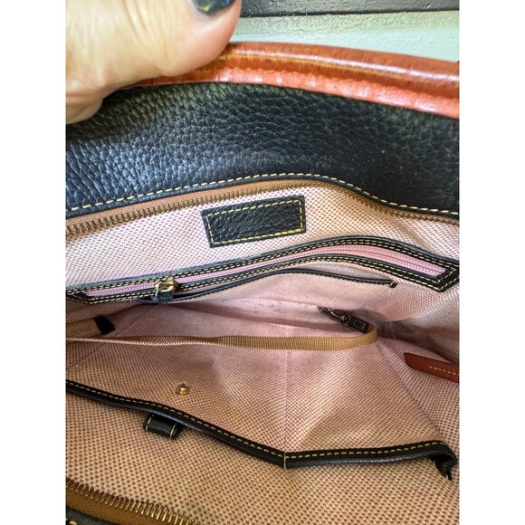 Dooney & Bourke Black Leather Tote Bag With Brown Trim & Gold Logo - Picture 6 of 10